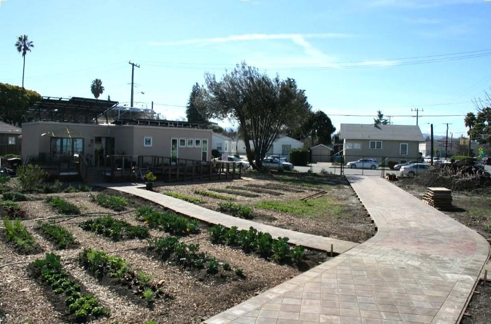 The Forge Garden Solar House in 2013 surrounded by rows of food crops grown in the ground