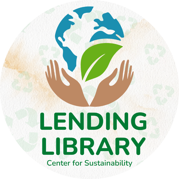 A graphic of hands holding the earth and a leaf. The words, Lending Library, written below